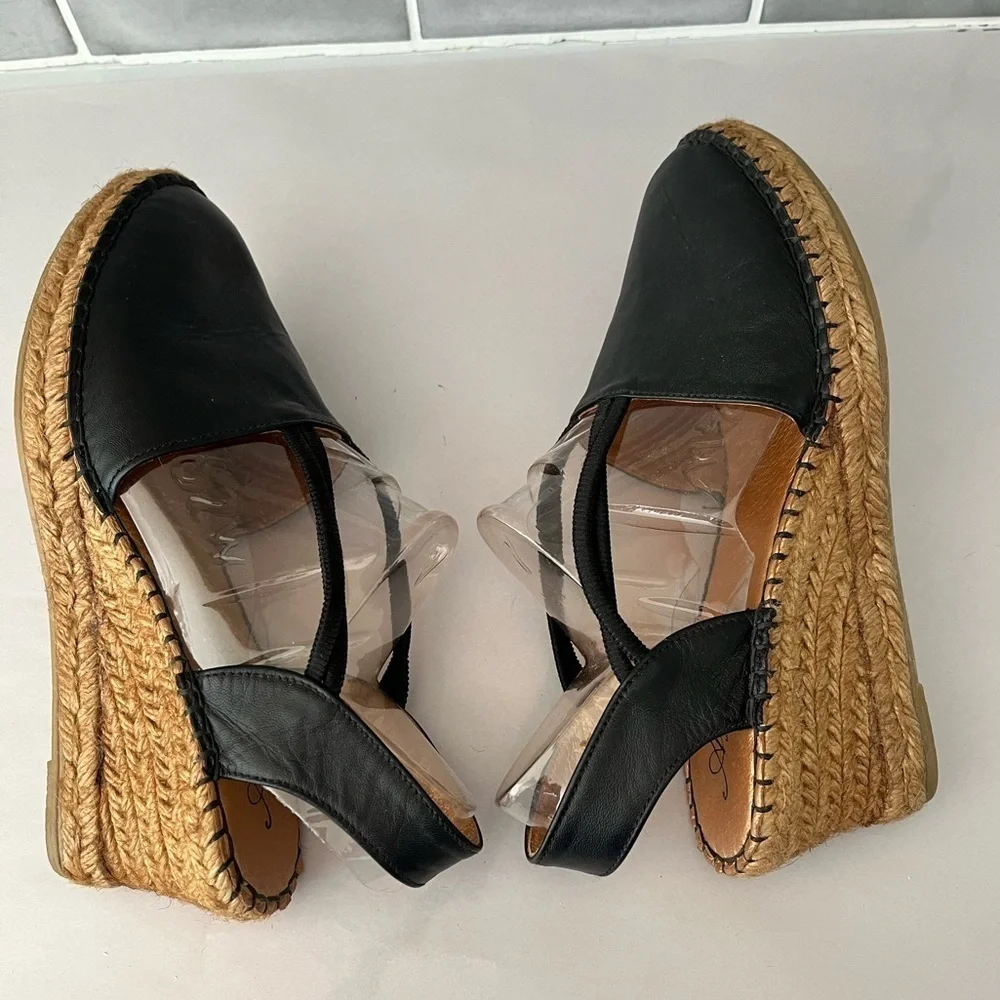 AZURA Black Leather Closed Toe Espadrille Wedges Size 10 Euro 40 Made in Spain